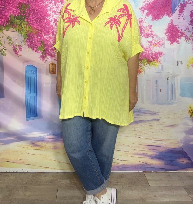 Chemise cannelée oversize asymétrique jaune pastel Palmiers Fuschia du 42 au 54/56