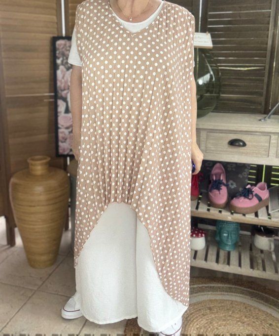 Maxi-tunique plissée asymétrique taupe clair pois blancs du 42 au 56/58