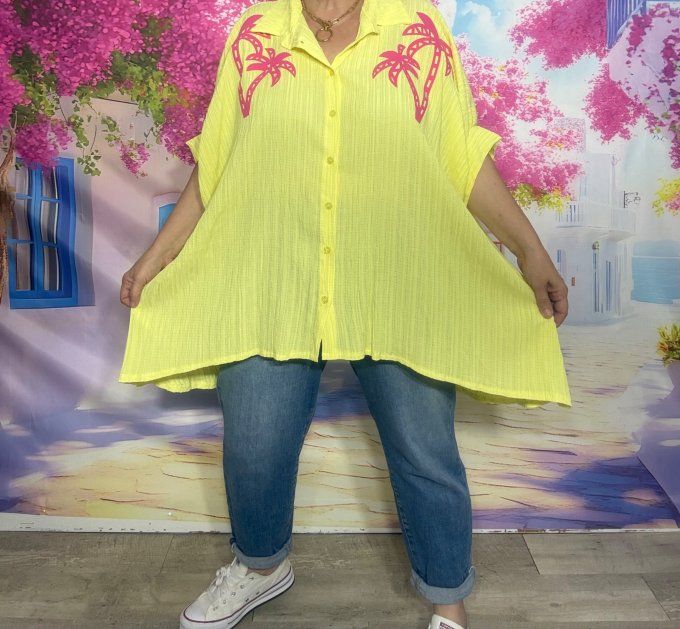Chemise cannelée oversize asymétrique jaune pastel Palmiers Fuschia du 42 au 54/56
