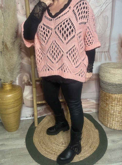 Pull asymétrique ample SANS LAINE maille crochet Bohème rose saumoné douceur ++ du 40 au 52