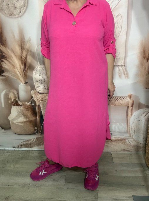 Robe longue Fuschia col polo manches réglables Les Basiques du Dressing du 38 au 46