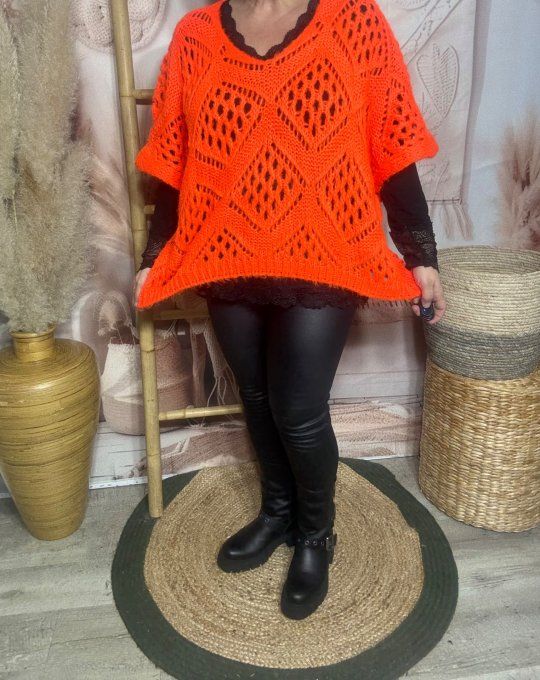 Pull asymétrique ample SANS LAINE maille crochet Bohème orange douceur ++ du 40 au 52