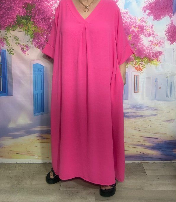 Robe trapèze longue Fuschia manches courtes douceur ++++ du 42 au 54/56