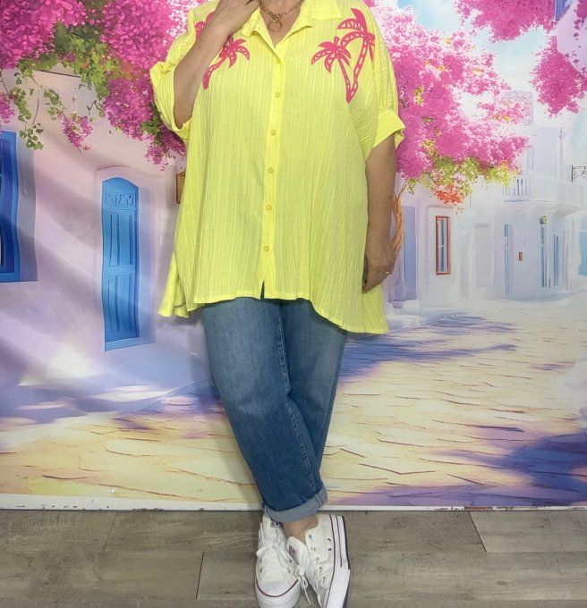 Chemise cannelée oversize asymétrique jaune pastel Palmiers Fuschia du 42 au 54/56