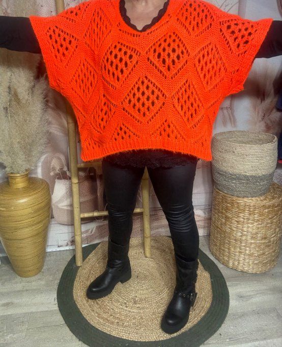 Pull asymétrique ample SANS LAINE maille crochet Bohème orange douceur ++ du 40 au 52