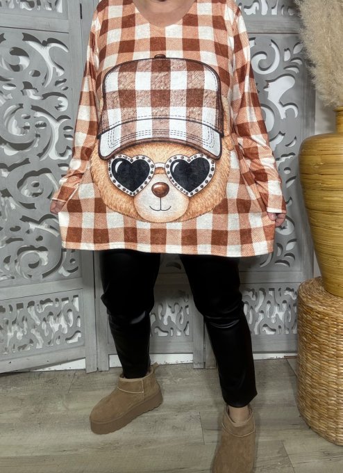 Tunique trapèze carreaux caramel toucher velours Ourson Teddy Bear douceur +++ du 40 au 54 