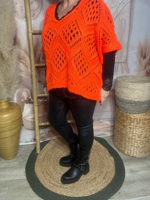 Pull asymétrique ample SANS LAINE maille crochet Bohème orange douceur ++ du 40 au 52