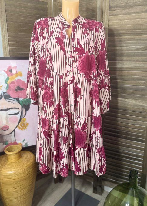 Robe trapèze Bordeaux et Crème Fleurs d'Automne du 38 au 48/50