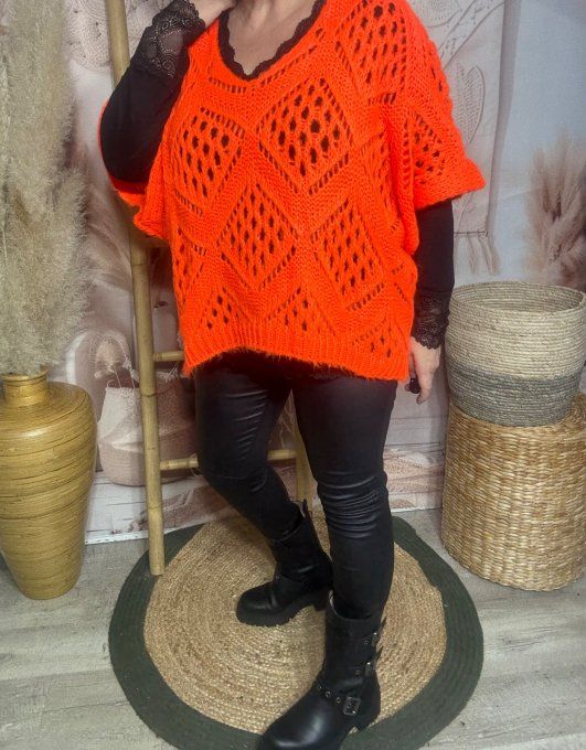 Pull asymétrique ample SANS LAINE maille crochet Bohème orange douceur ++ du 40 au 52