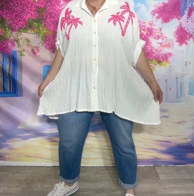 Chemise cannelée oversize asymétrique écrue Palmiers Fuschia du 42 au 54/56