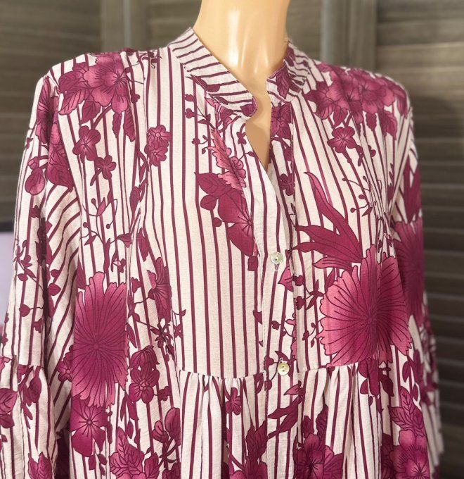 Robe trapèze Bordeaux et Crème Fleurs d'Automne du 38 au 48/50