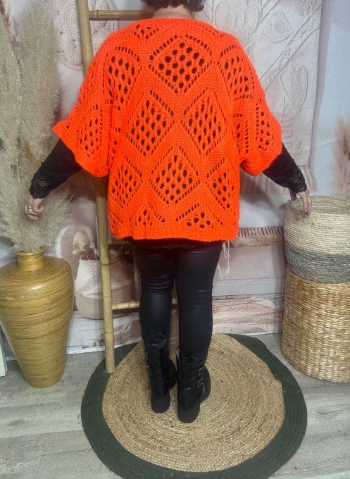 Pull asymétrique ample SANS LAINE maille crochet Bohème orange douceur ++ du 40 au 52