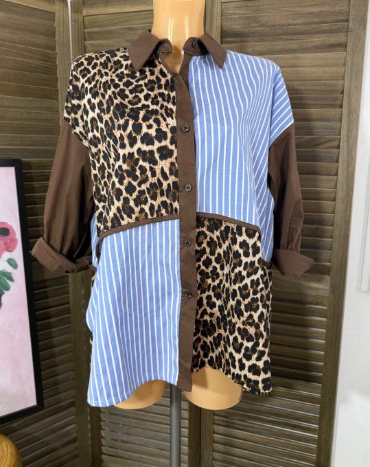 Chemise ample chocolat Chambray rayé et Léopard du 38 au 48 