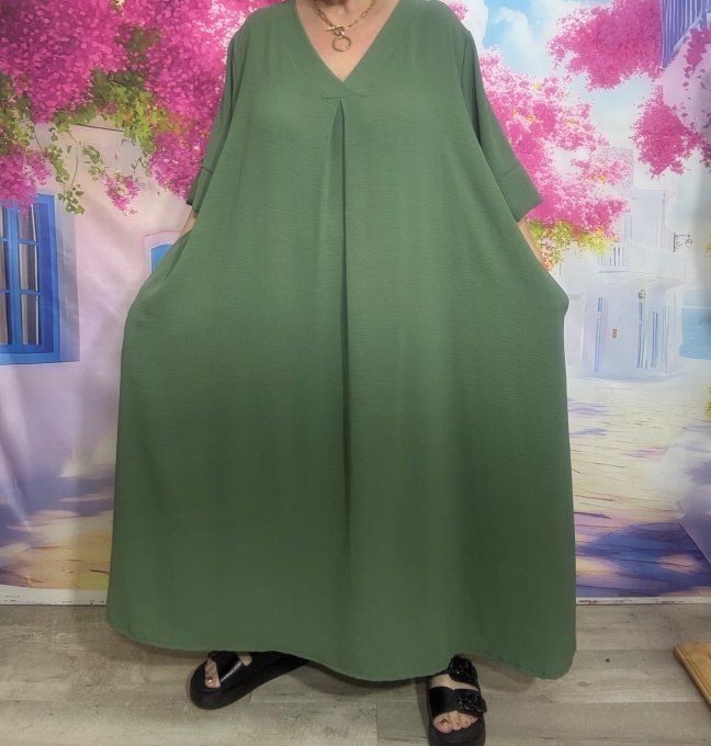 Robe trapèze longue Kaki manches courtes douceur ++++ du 42 au 54/56 