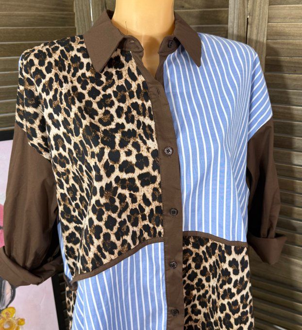 Chemise ample chocolat Chambray rayé et Léopard du 38 au 48 