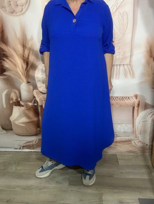 Robe longue bleu royal col polo manches réglables Les Basiques du Dressing du 38 au 46