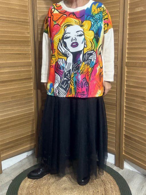 Sweat satiné et velours crème Marylin Monroe Pop Art du 40 au 50  