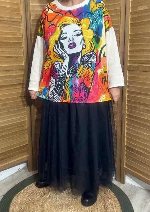 Sweat satiné et velours crème Marylin Monroe Pop Art du 40 au 50  