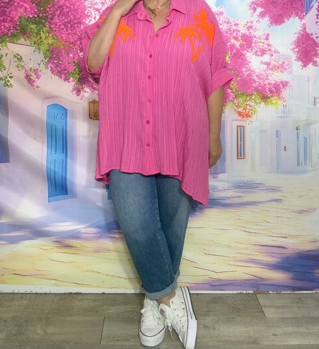 Chemise cannelée oversize asymétrique Rose Fuschia Palmiers oranges du 42 au 54/56 