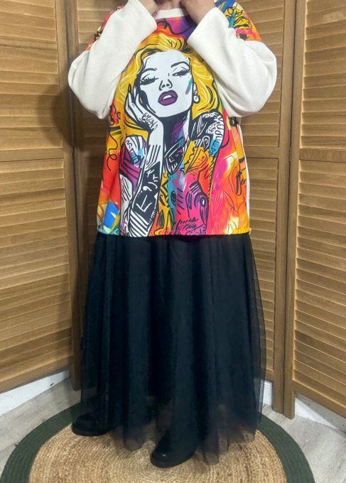 Sweat satiné et velours crème Marylin Monroe Pop Art du 40 au 50  