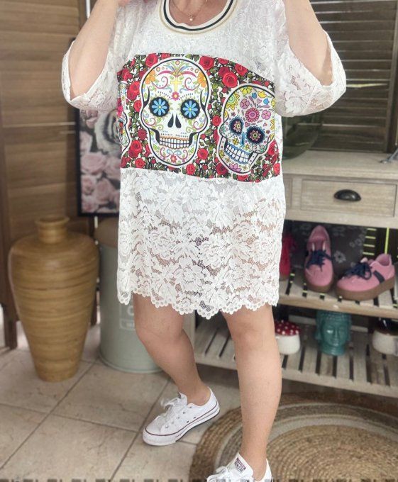 Tunique ample dentelle blanche Mexican Skulls Calaveras du 40 au 50/52  