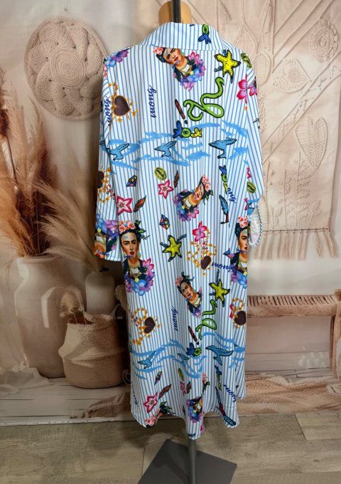 Maxi-chemise trapèze asymétrique rayée bleu ciel & blanc Frida Kahlo du 40 au 50 et même +