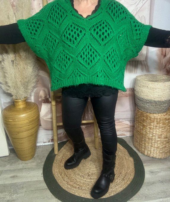 Pull asymétrique ample SANS LAINE maille crochet Bohème vert Gucci douceur ++ du 40 au 52 