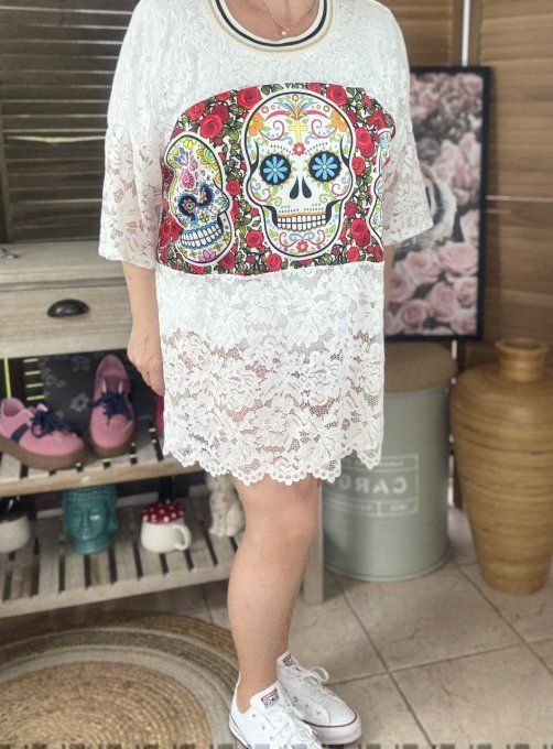 Tunique ample dentelle blanche Mexican Skulls Calaveras du 40 au 50/52  