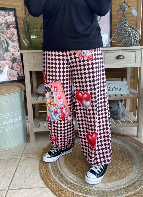 pantalon boule damier Betty Boop Perles + Strass argentés du 40 au 50/52