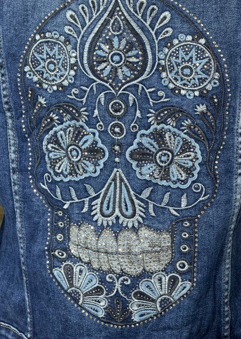 Veste en jeans brodée Mexican Skulls Calavera strass sequins Stretch ++++ du 42/44 au 48/50 