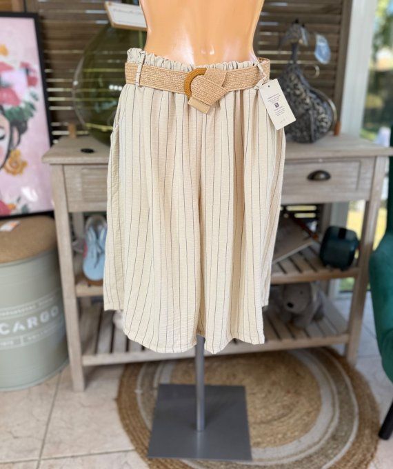 Short long / bermuda beige fines rayures + ceinture confort ++++ du 42 au 52/54 