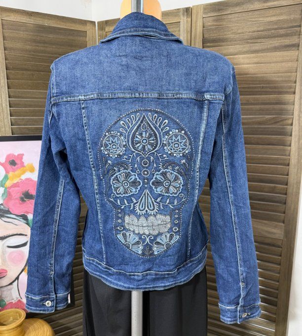 Veste en jeans brodée Mexican Skulls Calavera strass sequins Stretch ++++ du 42/44 au 48/50 