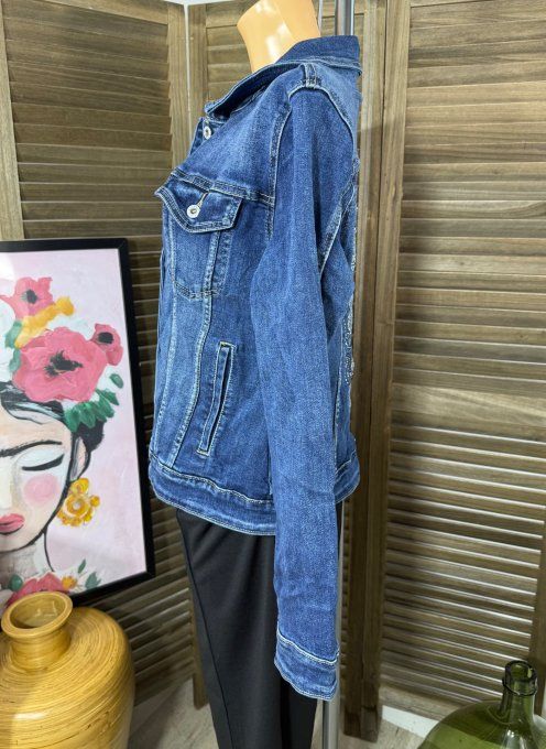 Veste en jeans brodée Mexican Skulls Calavera strass sequins Stretch ++++ du 42/44 au 48/50 