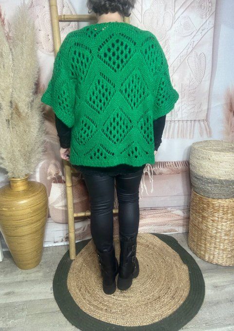 Pull asymétrique ample SANS LAINE maille crochet Bohème vert Gucci douceur ++ du 40 au 52 