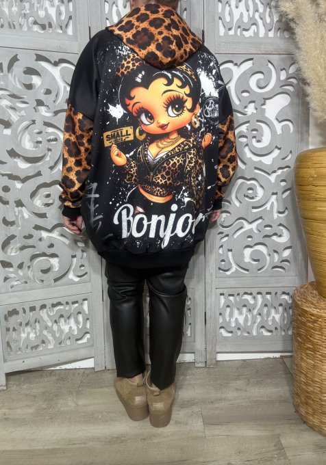 Sweat à capuche long ample noir et Léopard Betty Boop Bonjour confort +++ du 42 au 54
