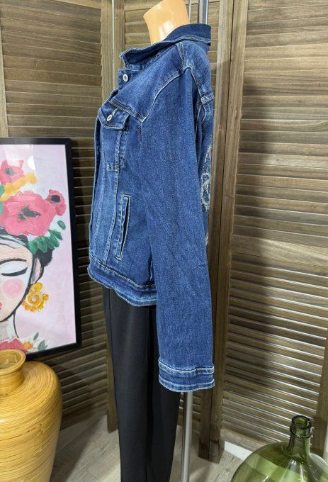 Veste en jeans brodée L'Arbre de Vie strass sequins Stretch ++++ du 42/44 au 48/50