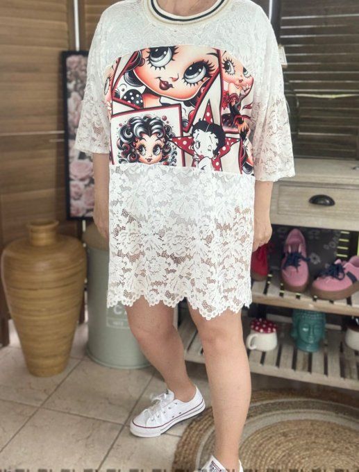 Tunique ample dentelle blanche Pretty Betty Boop du 40 au 50/52   