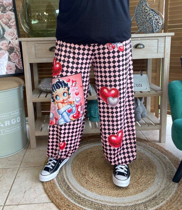 pantalon boule damier Betty Boop Perles + Strass argentés du 40 au 50/52