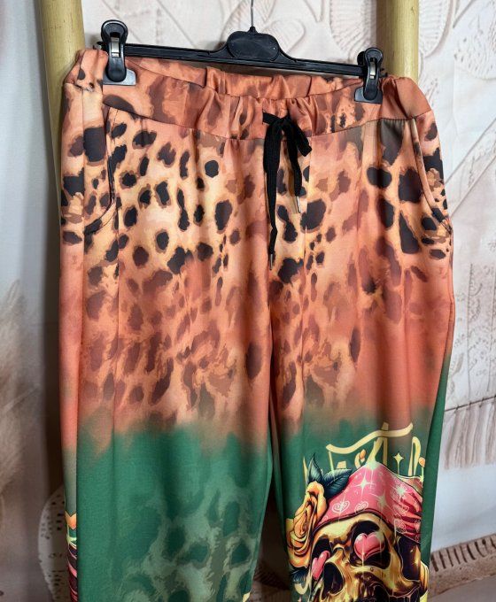 Pantalon Palazzo Léopard corail vert Skulls Pirate Spirit stretch ++++ du 40 au 50/52 