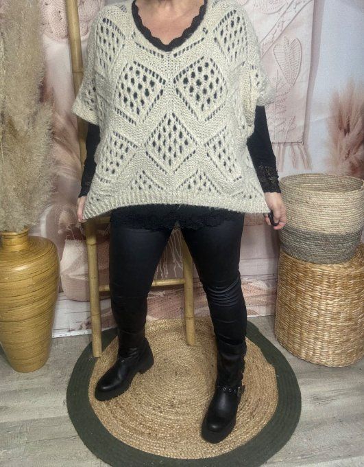 Pull asymétrique ample SANS LAINE maille crochet Bohème beige douceur ++ du 40 au 52