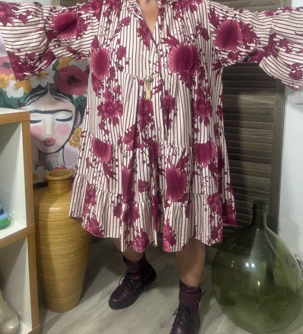 Robe trapèze Bordeaux et Crème Fleurs d'Automne du 38 au 48/50