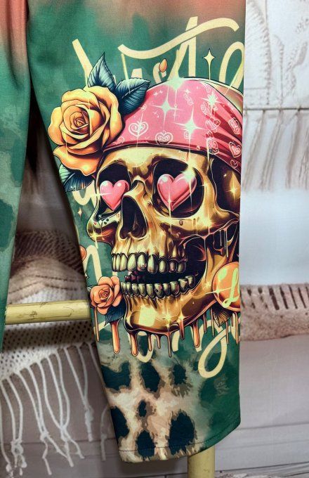 Pantalon Palazzo Léopard corail vert Skulls Pirate Spirit stretch ++++ du 40 au 50/52 