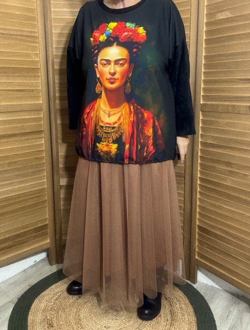 Sweat satiné et velours noir Frida Kahlo aux Fleurs du 40 au 50 