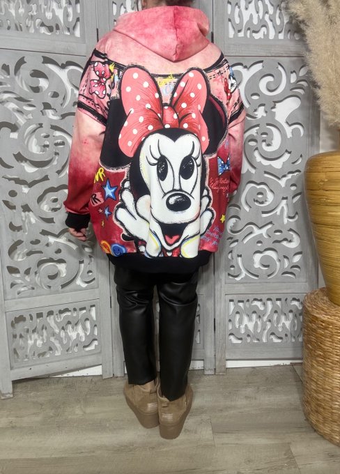 Sweat à capuche long ample rose poudré et Grenat Minnie Mouse confort +++ du 42 au 54