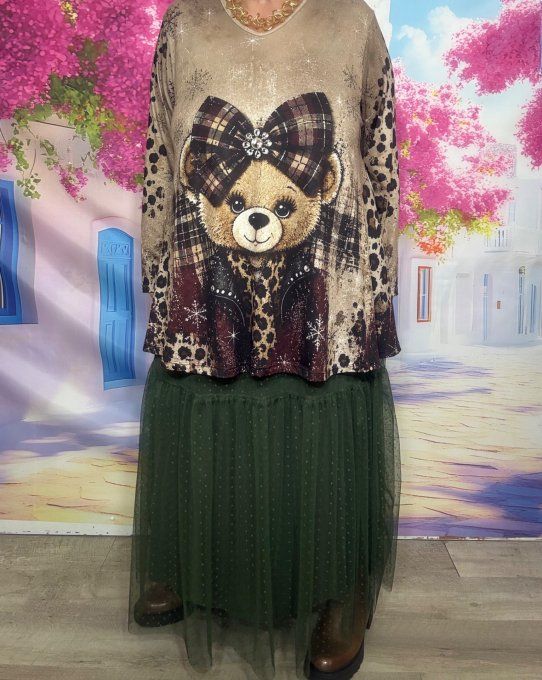 Tee-shirt Tunique trapèze col V Taupe marbré Léopard Ourson Teddy Bear douceur +++ du 40 au 54/56