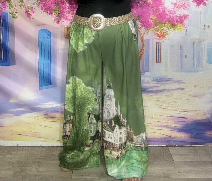 Pantalon palazzo fluide satiné Kaki Le Village cuisses larges taille élastiquée du 40 au 48/50