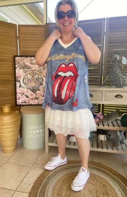 Top débardeur trapèze effet jeans délavé The Rolling Stones du 40 au 52  