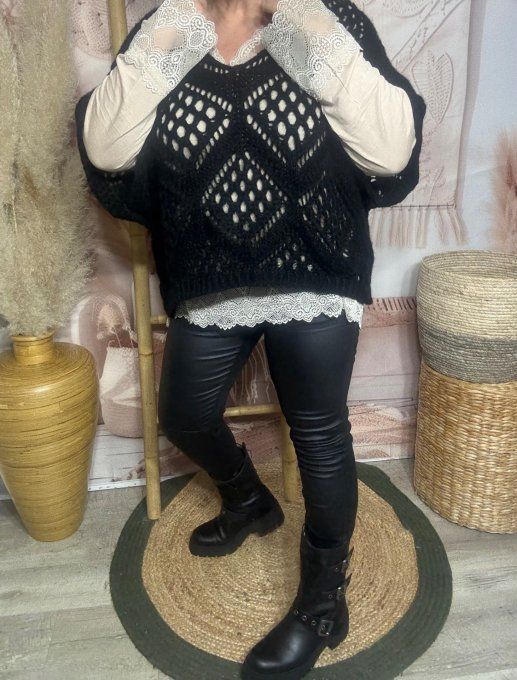 Pull asymétrique ample SANS LAINE maille crochet Bohème noir douceur ++ du 40 au 52