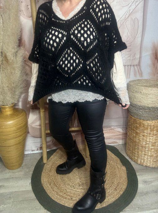 Pull asymétrique ample SANS LAINE maille crochet Bohème noir douceur ++ du 40 au 52