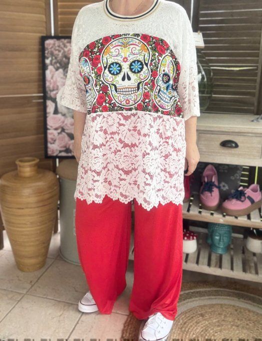 Tunique ample dentelle blanche Mexican Skulls Calaveras du 40 au 50/52  